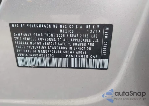 2013 Volkswagen Jetta 2.0L S from USA, damaged, VIN 3VW1K7AJ6DM258392